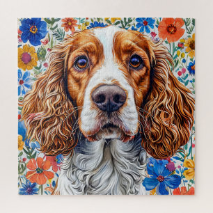 Puzzle Springer Spaniel con fondo floral colorido