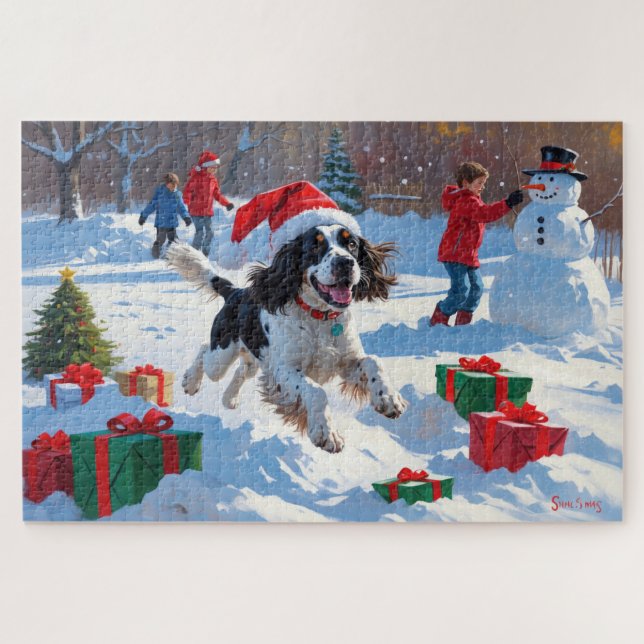 Puzzle Springer Spaniel corriendo en la nieve con sombrer (Horizontal)