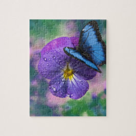 Puzzle springtime purple pansy and butterfly