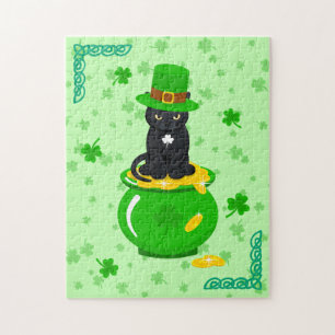 Puzzle St. Patrick's Day Shamrock Pot of Gold Black Cat