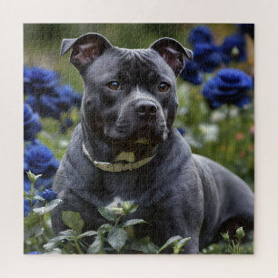 Puzzle Staffordshire Bull Terrier In Blue Rosa Garden,