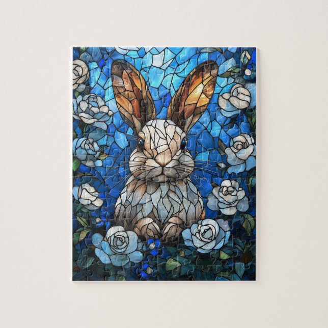 Puzzle Stained Glass Bunny with White Roses – Jigsaw Puzz (Vertical)