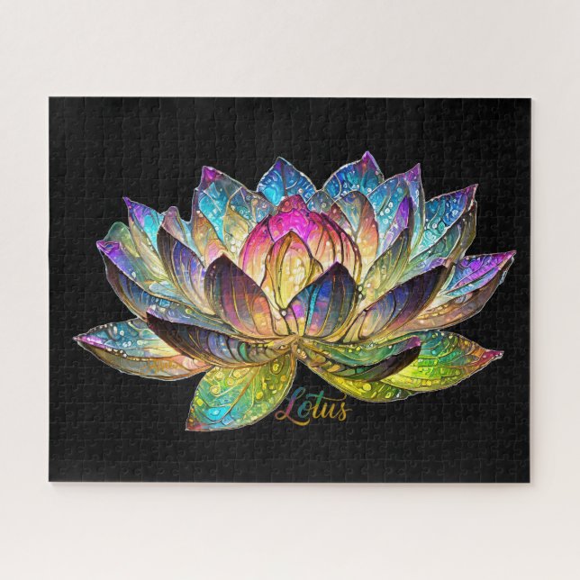 Puzzle Stained Glass Colorful Lotus Flower on Black (Horizontal)