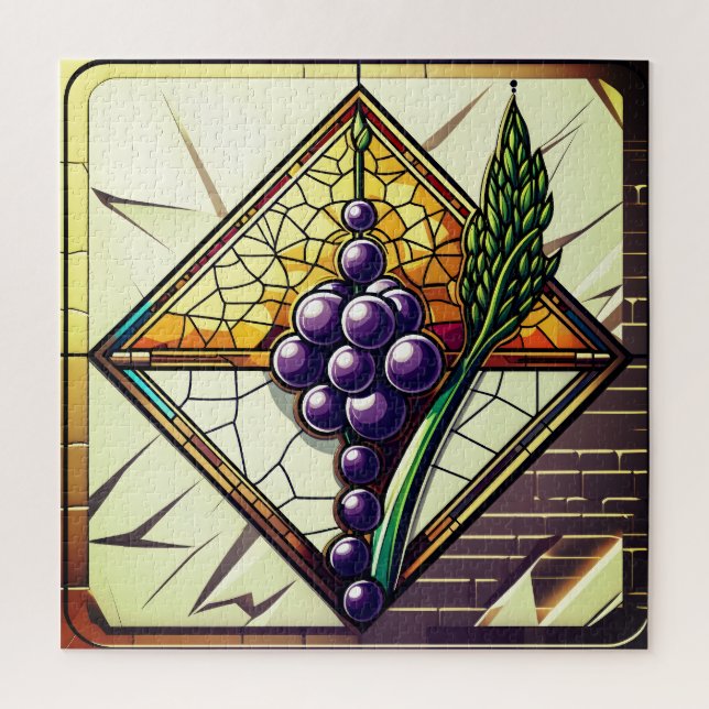 Puzzle Stained Glass Grapes and Wheat Illustration (Vertical)