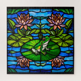 Puzzle Stained Glass Green Frog and Water Lily Flowers 