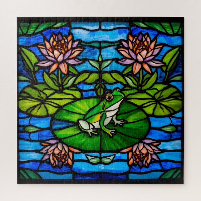 Puzzle Stained Glass Green Frog and Water Lily Flowers  (Vertical)