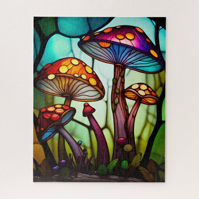 Puzzle Stained Glass Mushrooms, Fairy Fantasy Art  (Vertical)