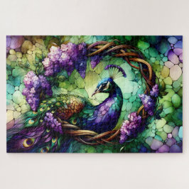 Puzzle Stained Glass Peacock Floral Wreath Art