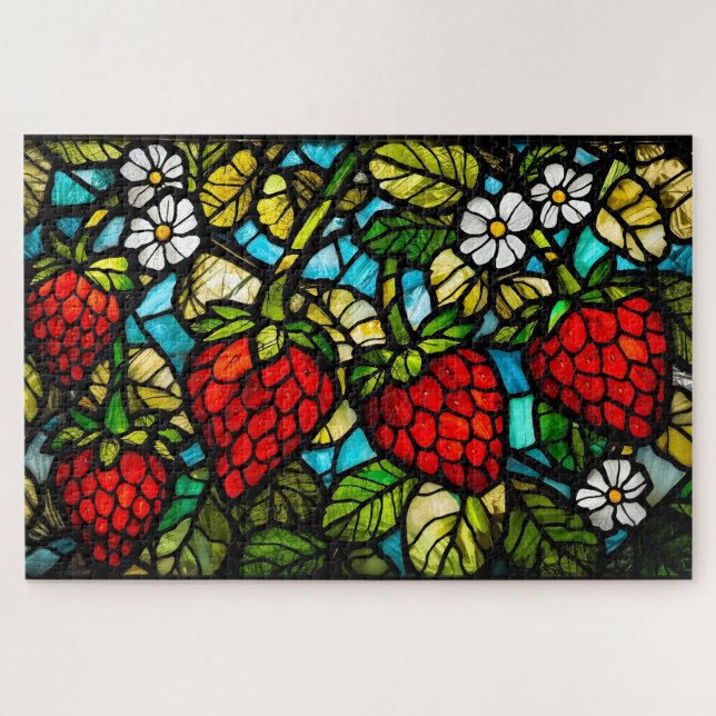 Puzzle Stained Glass Strawberries, Leaves and Flowers  (Horizontal)