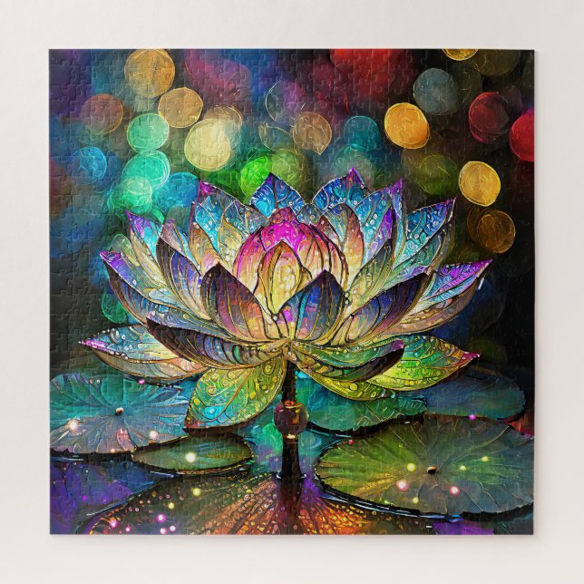 Puzzle Stained Glass Vibrant Lotus Flower (Vertical)