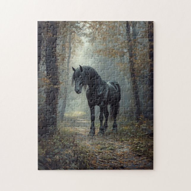 Puzzle Stallion negro en los bosques (Vertical)