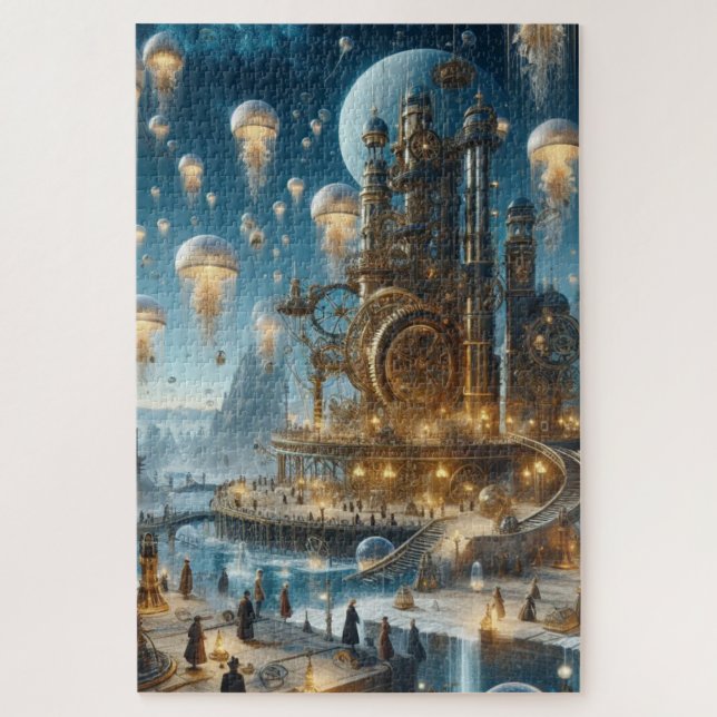 Puzzle Steampunk Futurista ciudad antigua con medusas (Vertical)