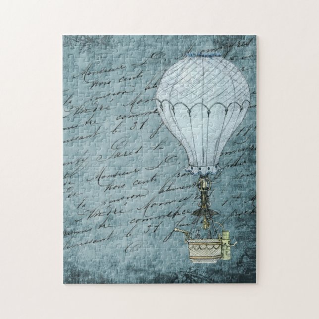 Puzzle Steampunk Hot Air Balloon Dusk Blue Handwriting (Vertical)