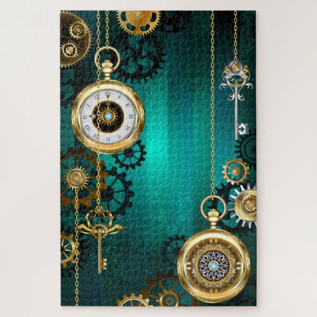 Puzzle Steampunk Jewelry Watch sobre un fondo verde (Vertical)