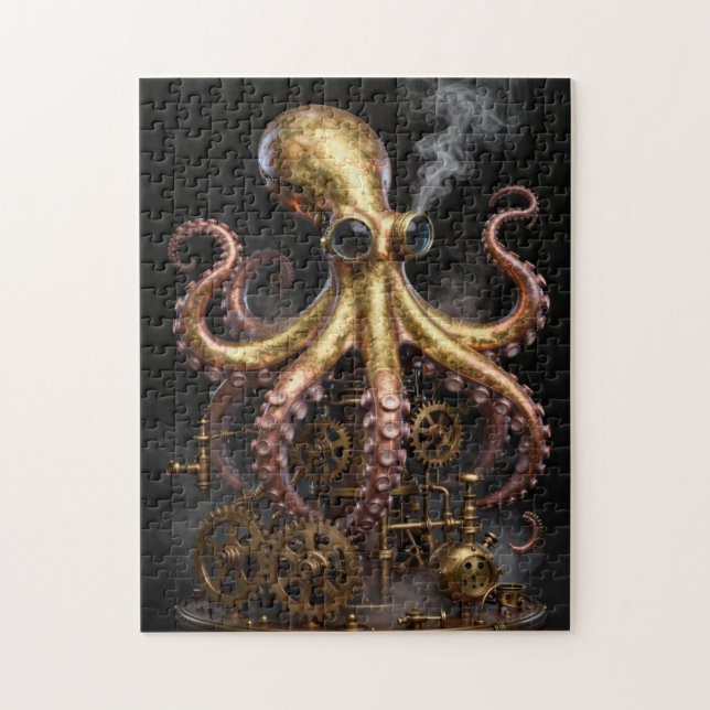 Puzzle Steampunk Mechanical Octopus on Gears Art (Vertical)