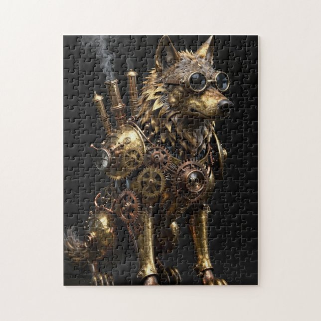 Puzzle Steampunk Mechanical Sitting Wolf Art (Vertical)