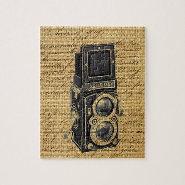 Puzzle steampunk vintage scripts burlap antigua cámara (Vertical)
