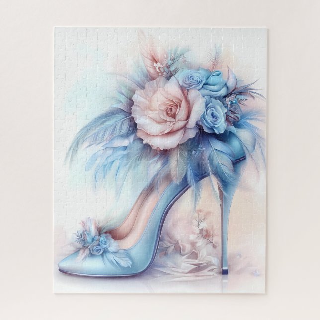 Puzzle Stiletto floral azul elegante de tacón alto suave (Vertical)