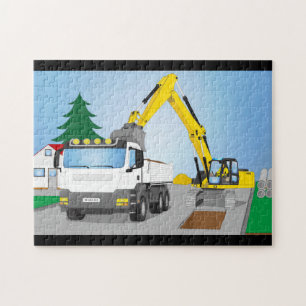 Puzzle Straßenbaustelle con CAMIONES blancos y excavador