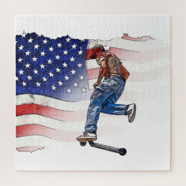 Puzzle Stunt Scooter Rider y la bandera de los Estados Un (Vertical)