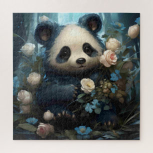Puzzle Suave oso panda entre Rosas de la selva