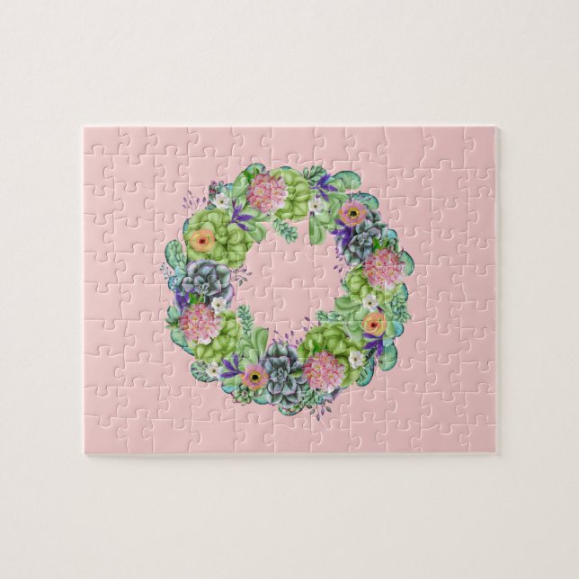Puzzle Suculenta Wreath floral acuática sobre rosa (Horizontal)