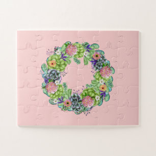 Puzzle Suculenta Wreath floral acuática sobre rosa