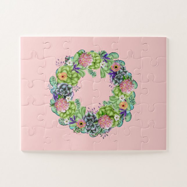 Puzzle Suculenta Wreath floral acuática sobre rosa (Horizontal)