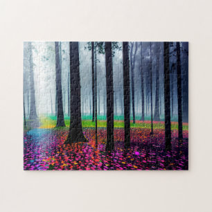 Puzzle Suelo de bosque neón con árboles de silueta