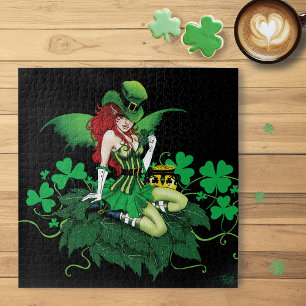 Puzzle Suerte Verde Irlandés Hada Pelo Rojo Trébol