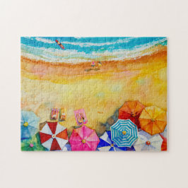 Puzzle Sunbathers Colorful Beach Umbrellas
