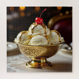 Puzzle Sundae de helado con jarabe de oro en blanco