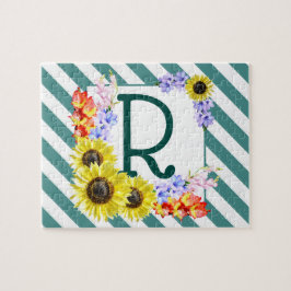 Puzzle Sunflower Monogram Teal Stripes