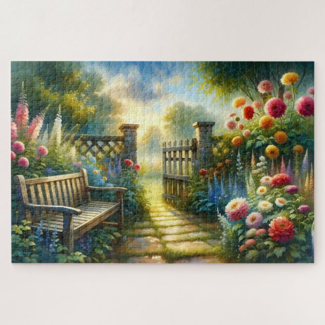 Puzzle Sunlit Garden Pathway Gate Scene (Horizontal)