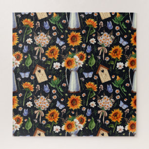 Puzzle Sunny Rustic Watercolor Sunflowers Pattern