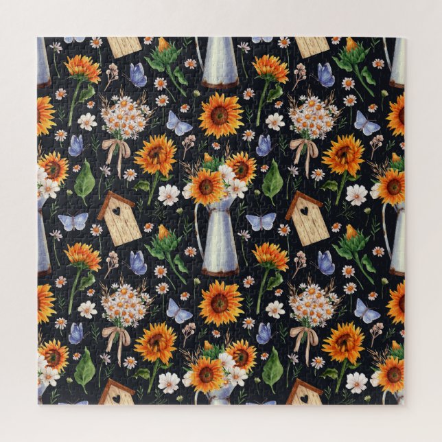 Puzzle Sunny Rustic Watercolor Sunflowers Pattern (Vertical)