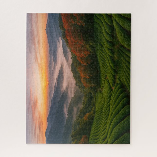 Puzzle Sunrise over Mountain Tea Fields in Japan (Vertical)