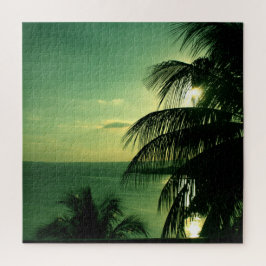 Puzzle SunSet Green Blue Sky & Sea Silhouetted Palm Tree