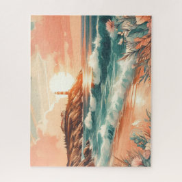 Puzzle Sunset Lighthouse Ocean Beach Boho Floral