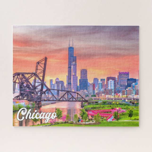 Puzzle Sunset Over Chicago, Illinois, Estados Unidos (Horizontal)