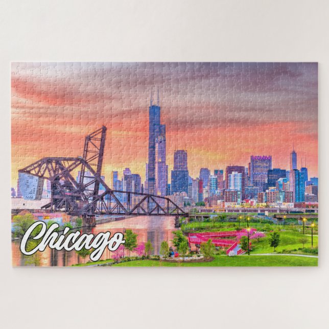 Puzzle Sunset Over Chicago, Illinois, Estados Unidos (Horizontal)