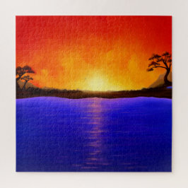 Puzzle Sunset/Sunrise Painting, Lake landscape, Red Sky