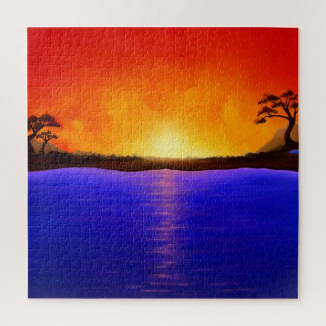 Puzzle Sunset/Sunrise Painting, Lake landscape, Red Sky (Vertical)