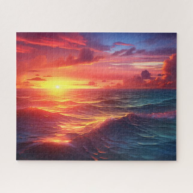 Puzzle Sunset Sunrise Sundown Ocean Waves Nature Sea (Horizontal)