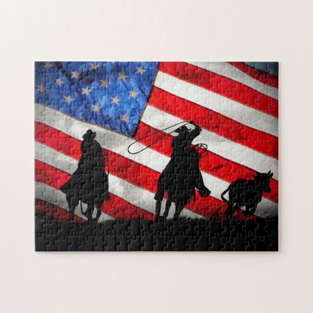Puzzle Super Cool Cowboys Roping Steer and Flag (Horizontal)