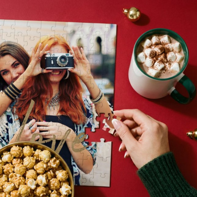 Puzzle Superposición de escritura de pincel dorado para f (Gold Love Brush Script Overlay Couple Photo Memory Jigsaw Puzzle)