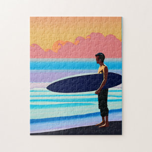Puzzle Surfista en una playa al atardecer