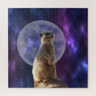 Puzzle Suricata en noche de luna llena azul,