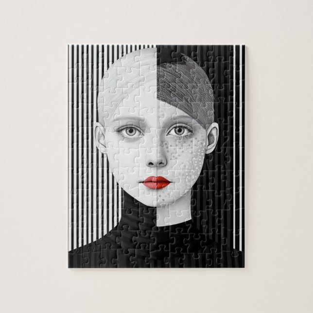 Puzzle Surreal Black and White Face Red Lips (Vertical)