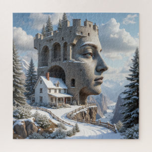 Puzzle Surreal Castle Face en las montañas nevadas - Fant